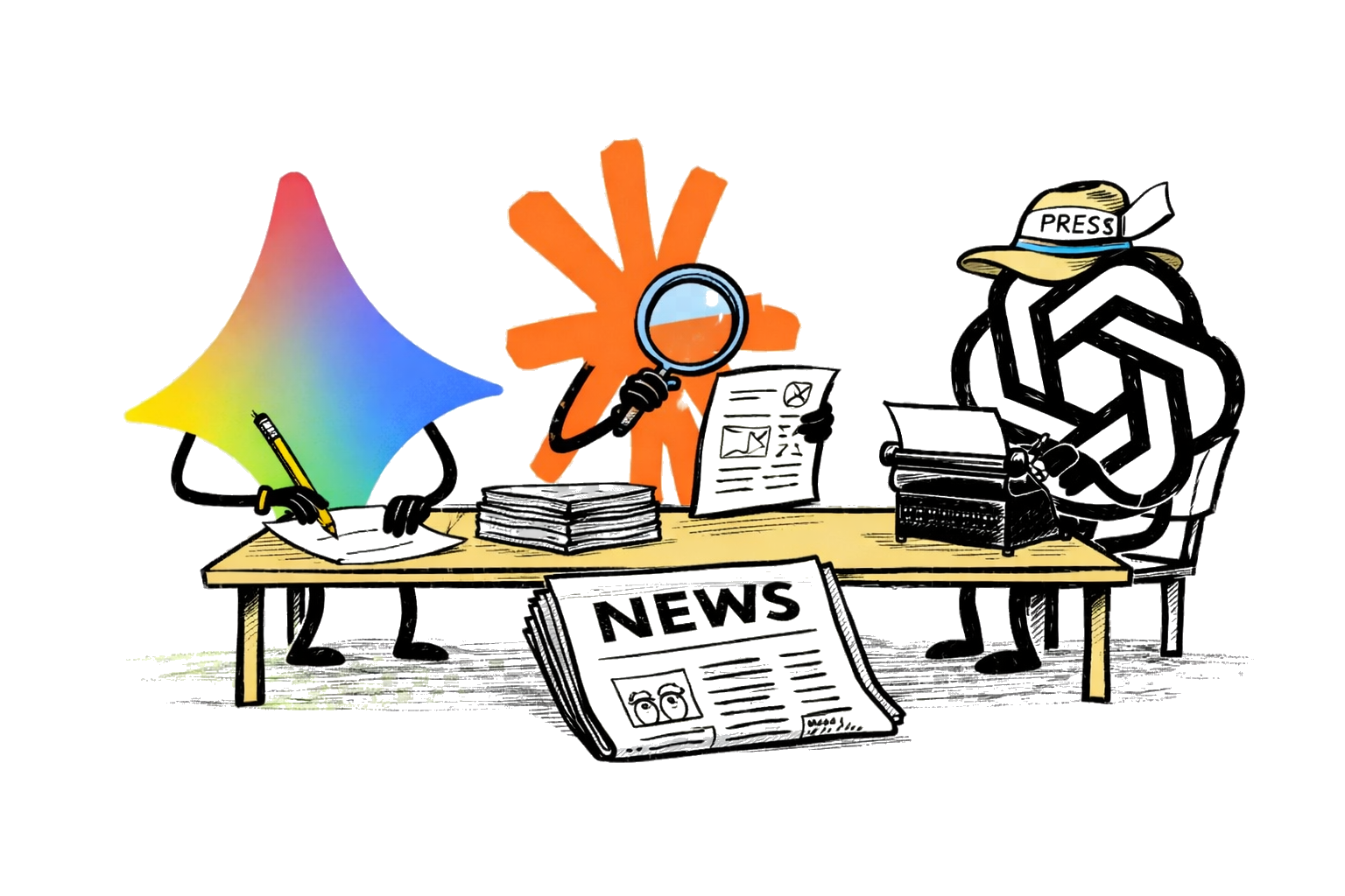 AI mascots at a desk